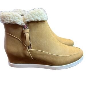 Style & Co Hidden Low  Wedge Tan  Booties Faux Shearling Collar NEW Size 7